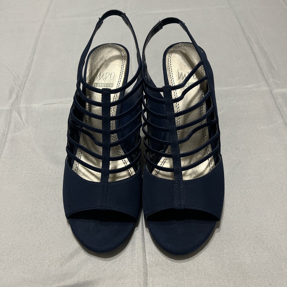 Impo‎ Stretch Navy Strappy Size 9M Open Toe Slingback Heels Comfort Dress Shoes
